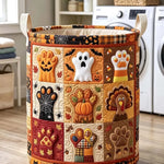 Quilted Laundry Basket – Halloween Pumpkins, Ghosts and Turkey Footprints – product image 1