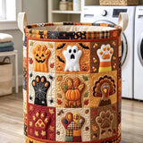 Quilted Laundry Basket – Halloween Pumpkins, Ghosts and Turkey Footprints – product image 1