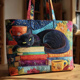 Handcrafted Quilted Tote Bag - Black Cat Reader with Books and Teacups