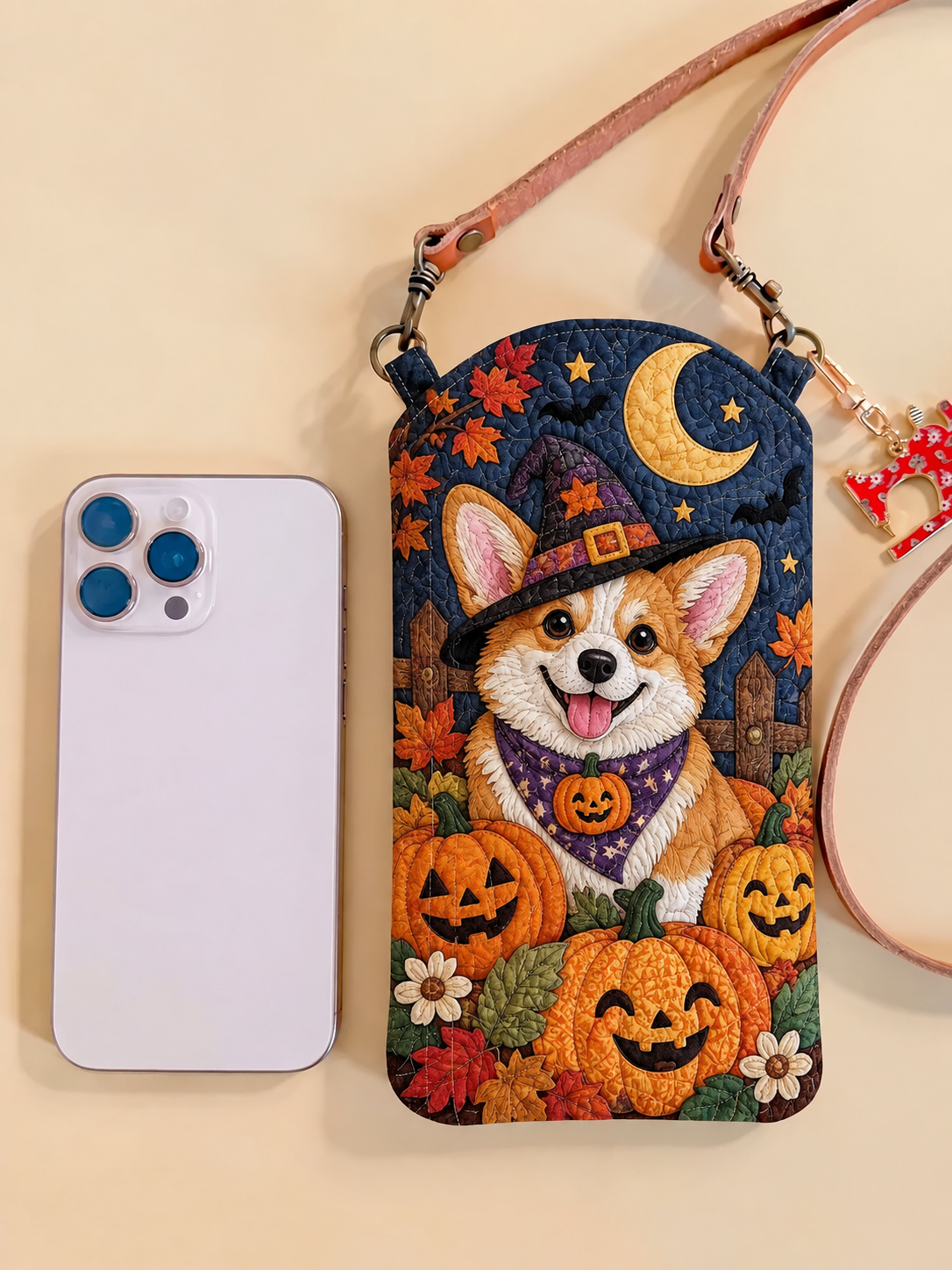 Slim Quilted Phone Crossbody Bag – Corgi with Pumpkins for Halloween – product image 1