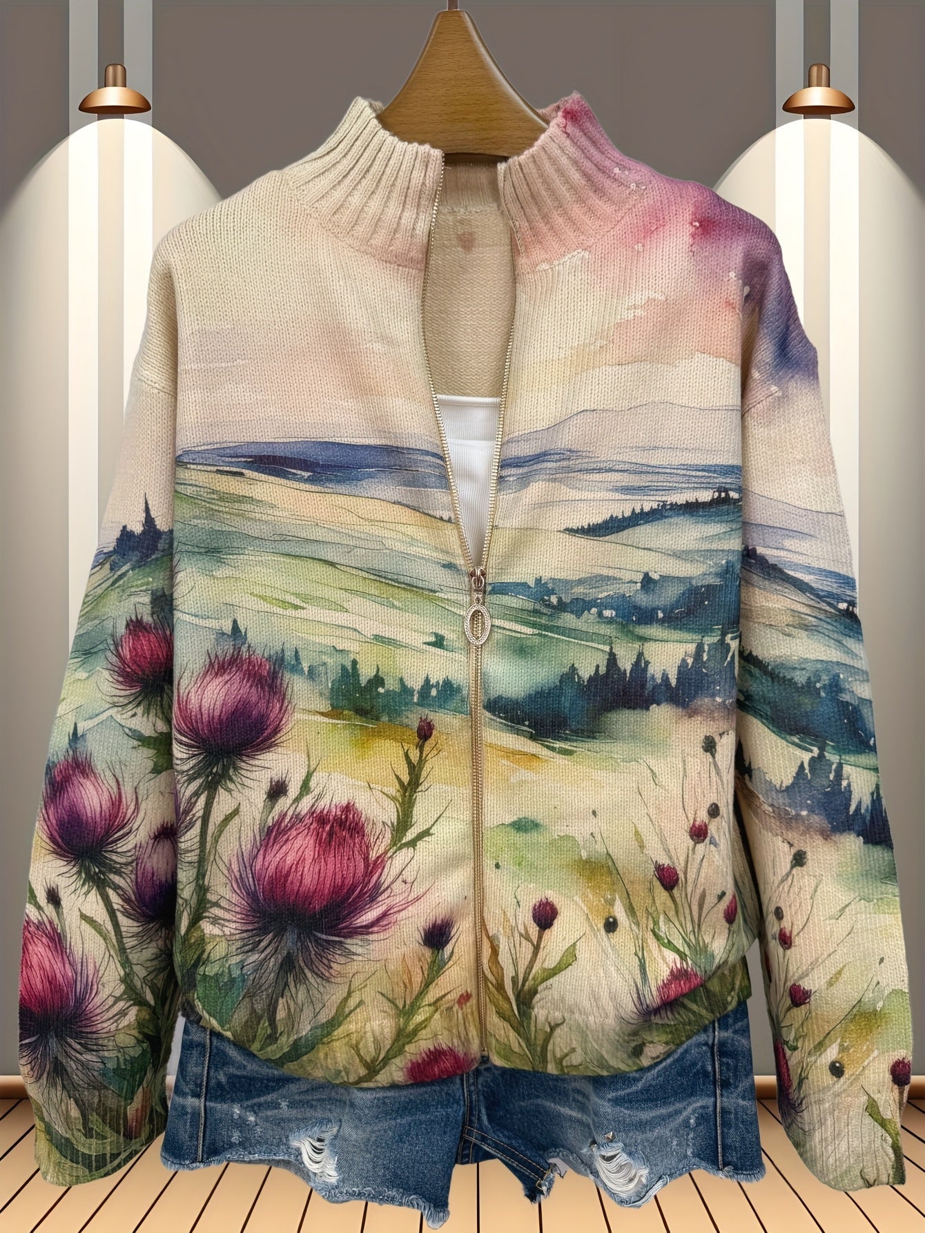 Zip Cardigan with Landscape Motif – product image 4