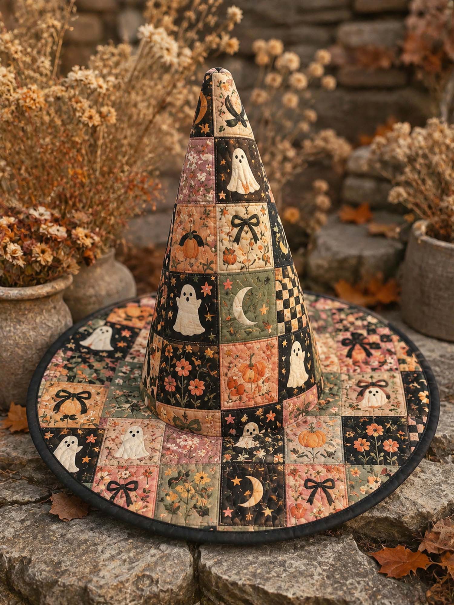 Quilted Witch Hat – Ghosts and Pumpkins in Patchwork Style – product image 1