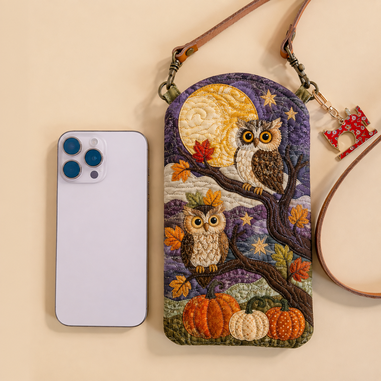 Slim Quilted Phone Crossbody Bag – Owl in a Pumpkin Grove by Moonlight – product image 1