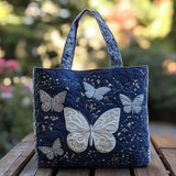 Handcrafted Quilted Tote Bag - Silver Butterfly