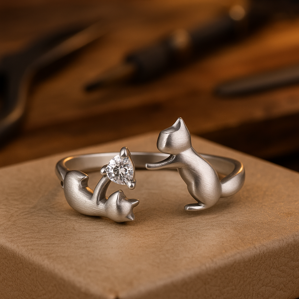 Adjustable Silver Cat Ring with Cubic Zirconia, view 2