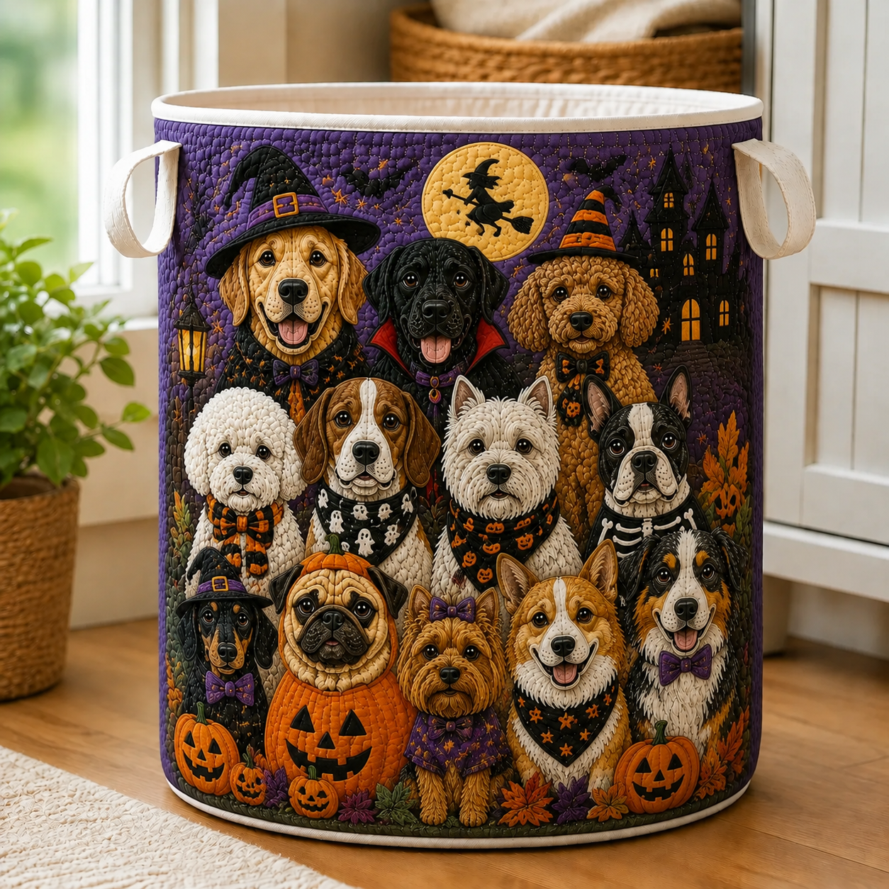 Quilted Laundry Basket – Dogs in Halloween Costumes – product image 1