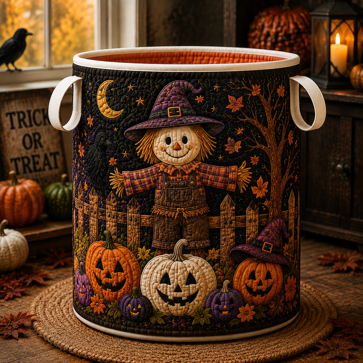 Quilted Laundry Basket – Scarecrow and Pumpkins – product image 1