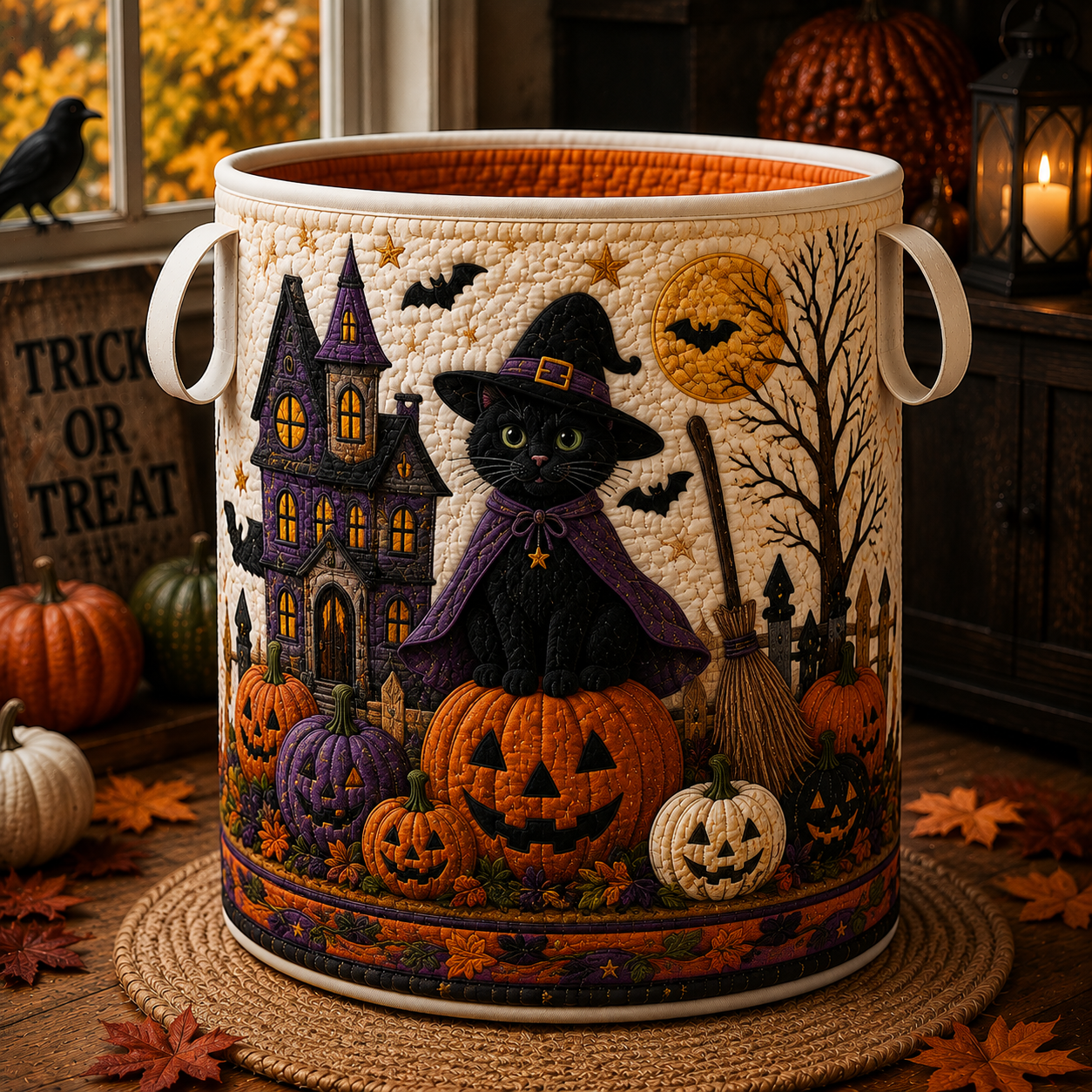 Quilted Laundry Basket – Witch Cat by the Haunted House – product image 1