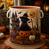 Quilted Laundry Basket – Witch Cat by the Haunted House – product image 1