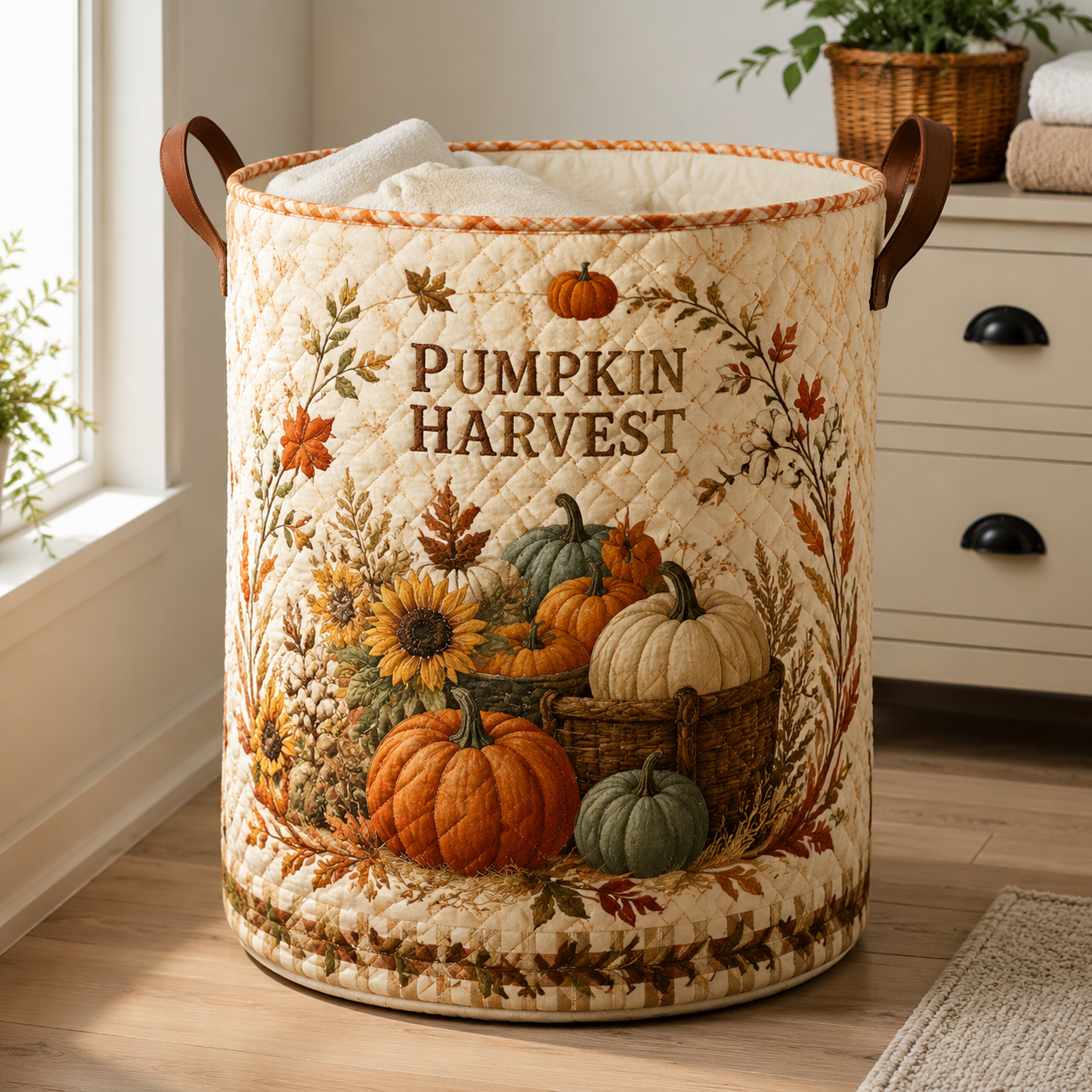 Quilted Laundry Basket – Autumn Pumpkin Harvest – product image 1