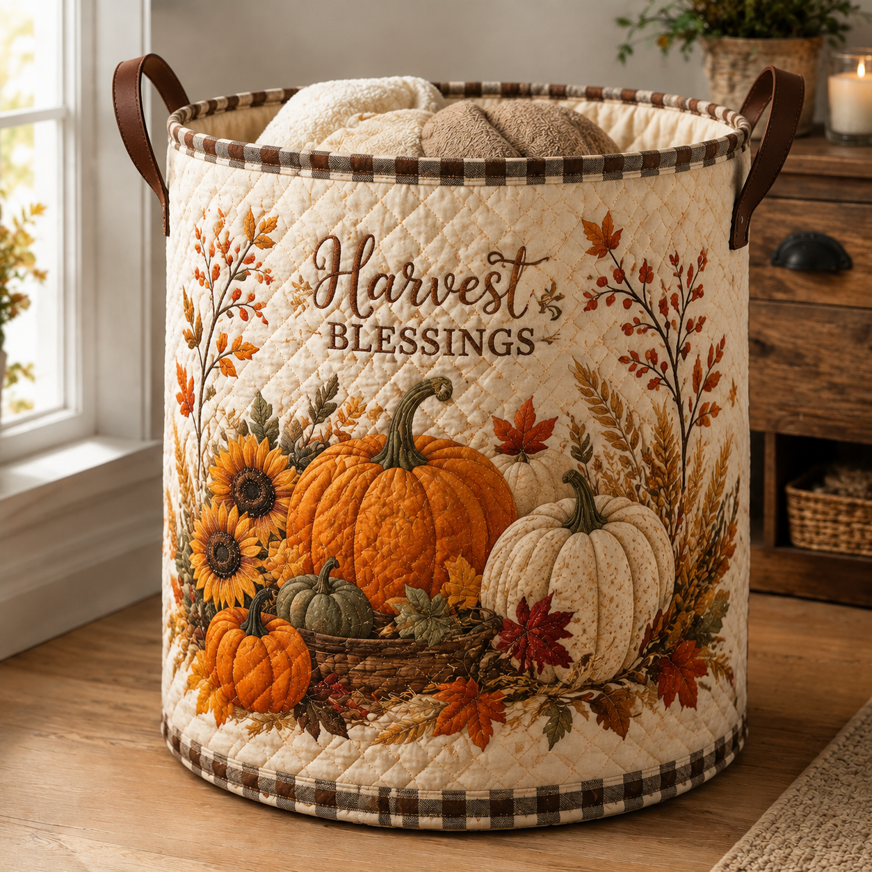 Quilted Laundry Basket – Pumpkins and Harvest Blessings – product image 1