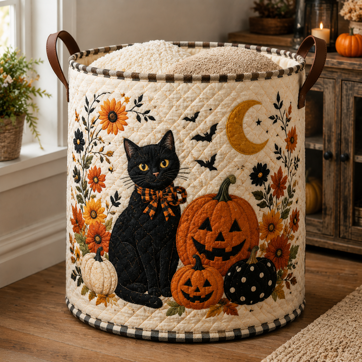 Quilted Laundry Basket – Black Cat and Autumn Pumpkins – product image 1