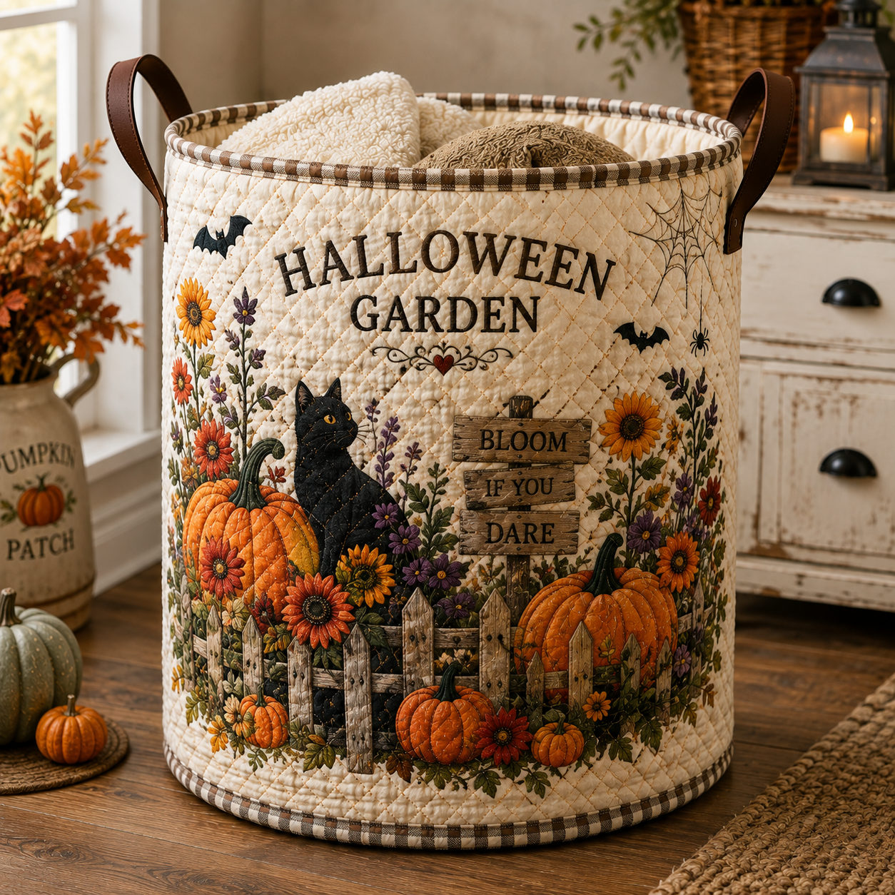 Quilted Laundry Basket – Cat in a Halloween Garden – product image 1