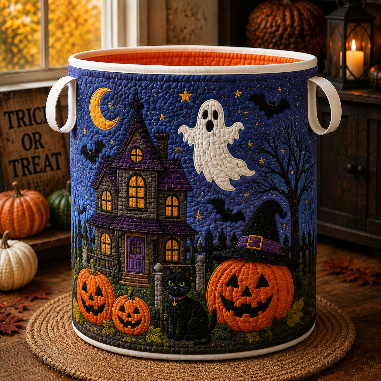 Quilted Laundry Basket – Haunted House and Ghost – product image 1
