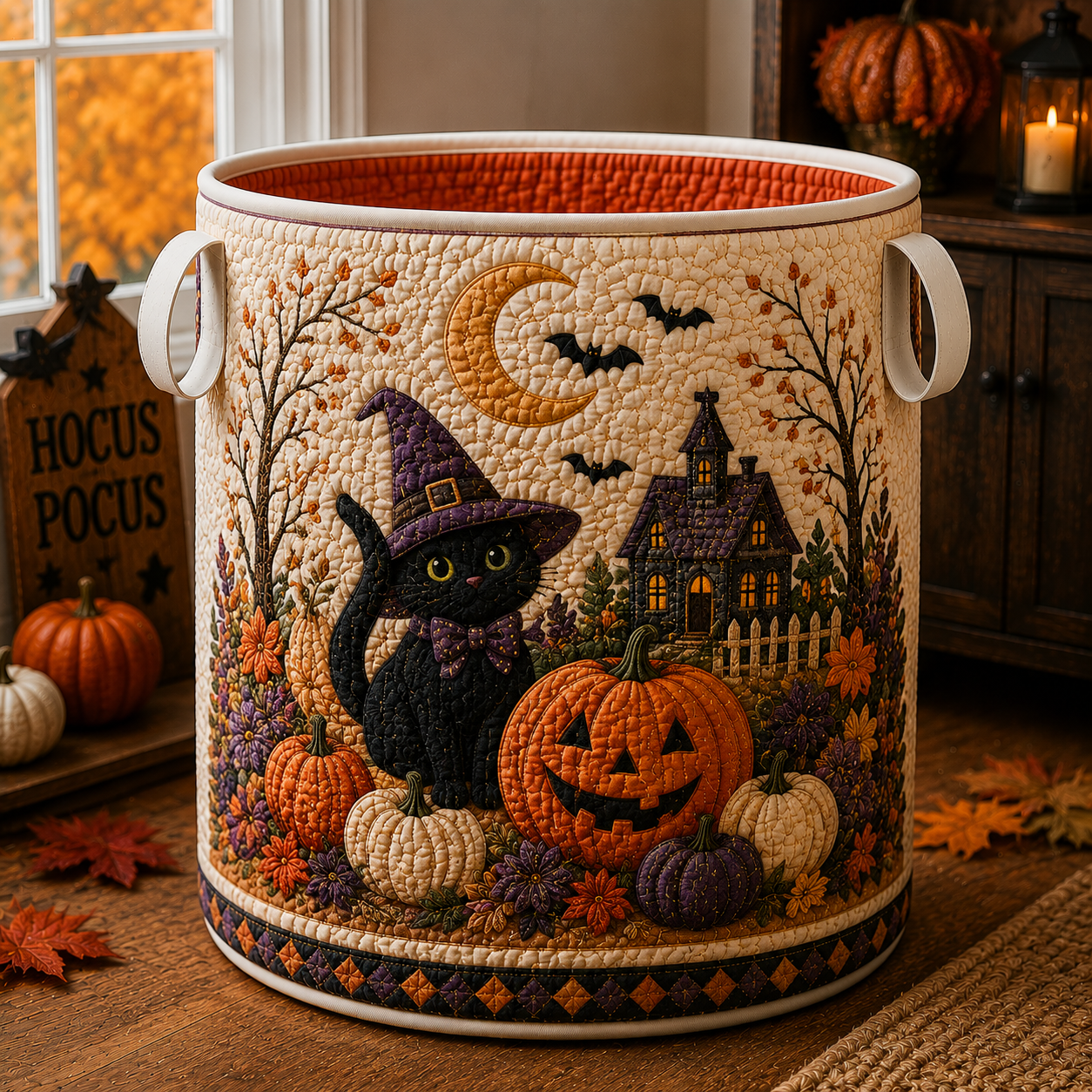 Quilted Laundry Basket – Black Witch Cat – product image 1