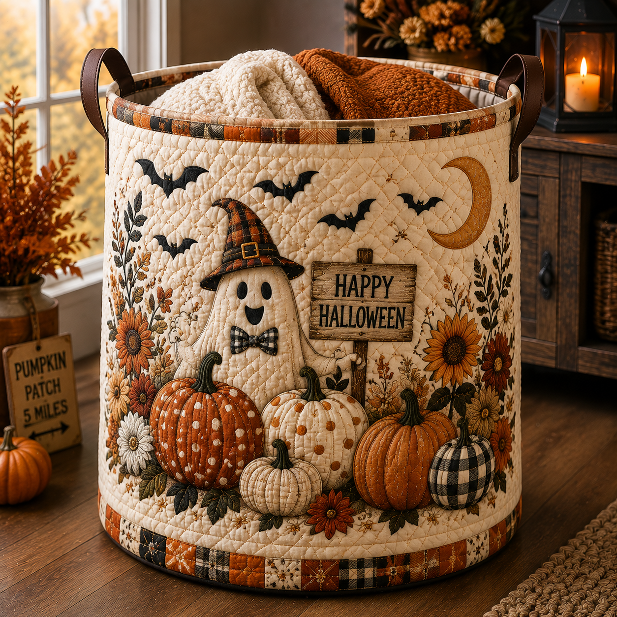 Quilted Laundry Basket – Ghosts in a Pumpkin Patch – product image 1