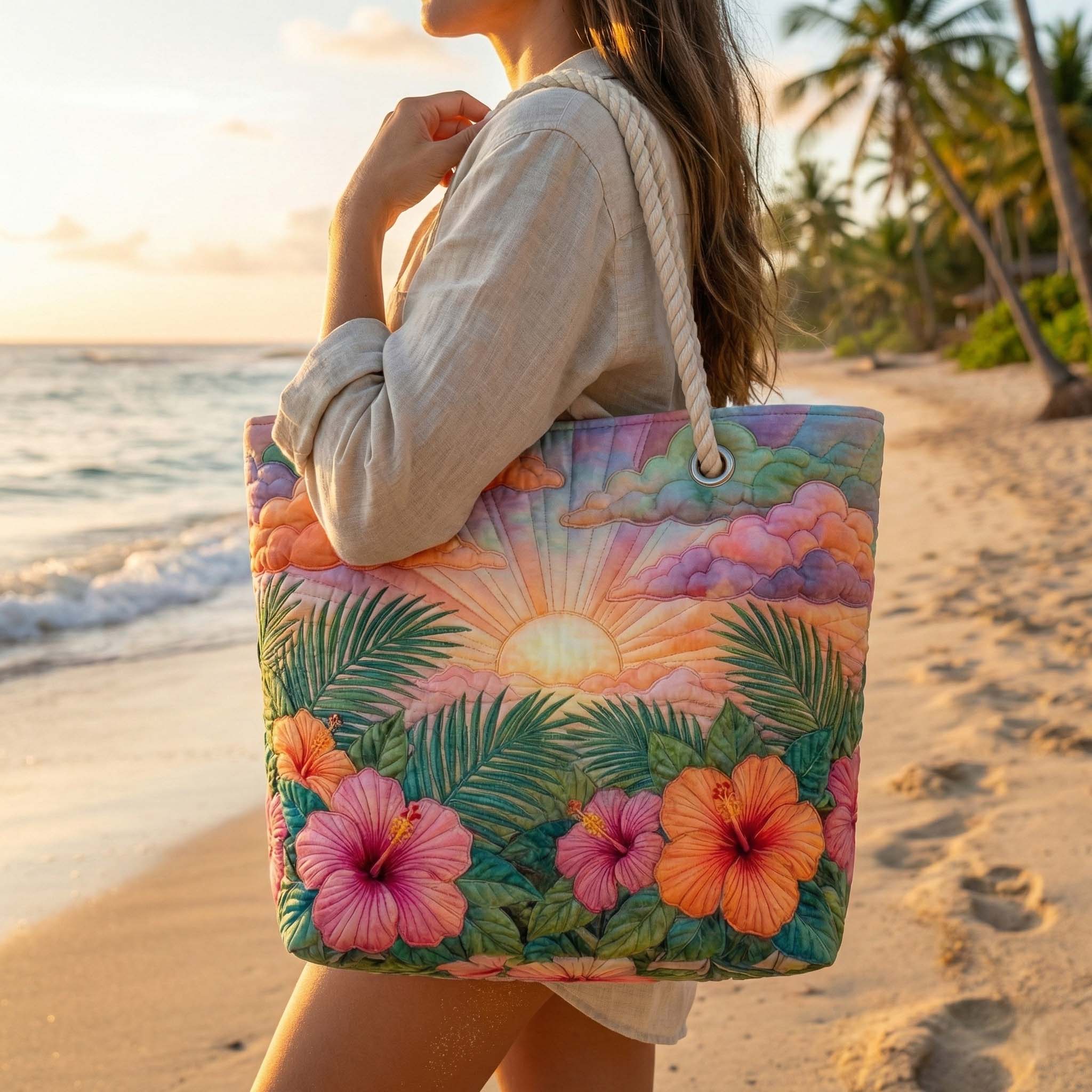 Tropical Dawn Patchwork Beach Bag – Spacious and Lightweight – product image 1