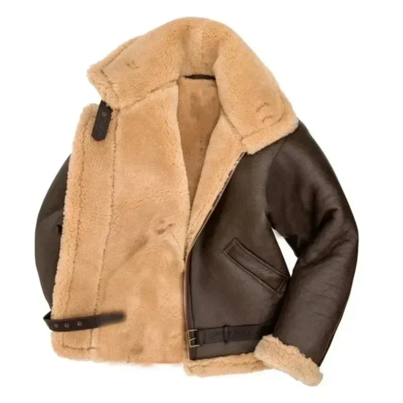Sherpa-Lined Faux Leather Aviator Winter Jacket