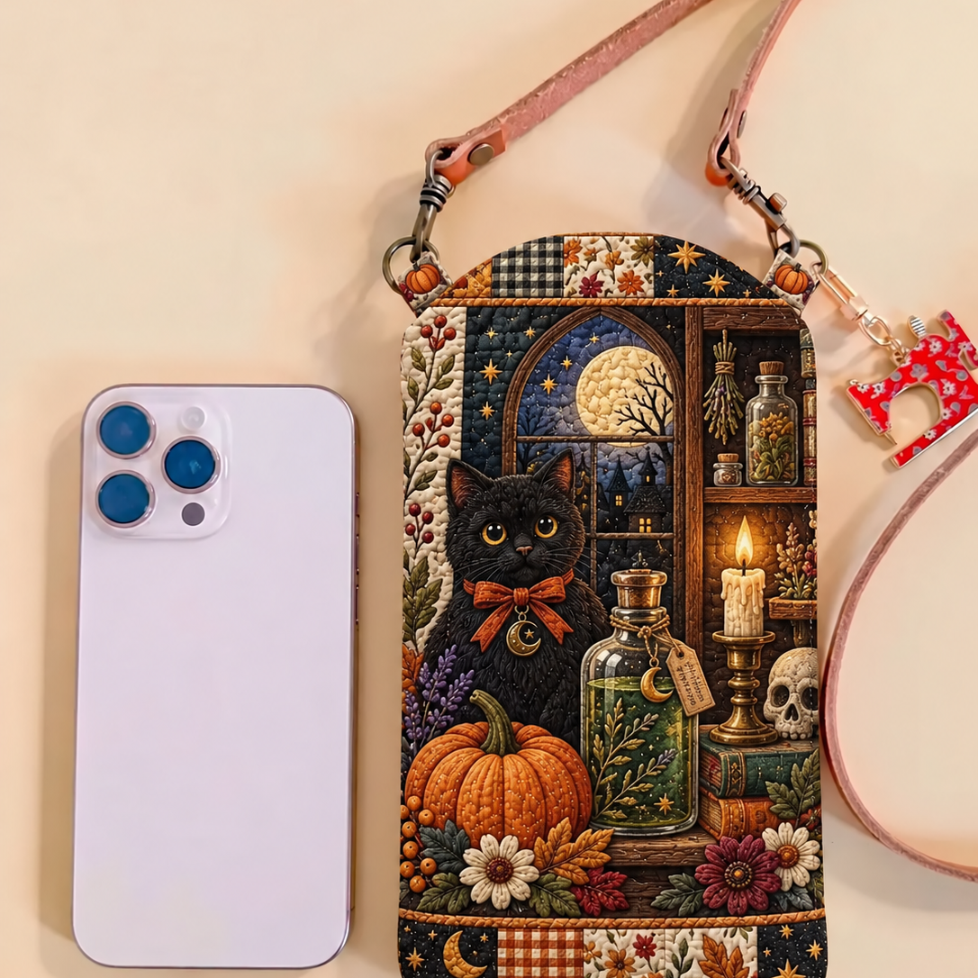 Slim Quilted Phone Crossbody Bag – Black Cat Moonlight Patchwork – product image 1