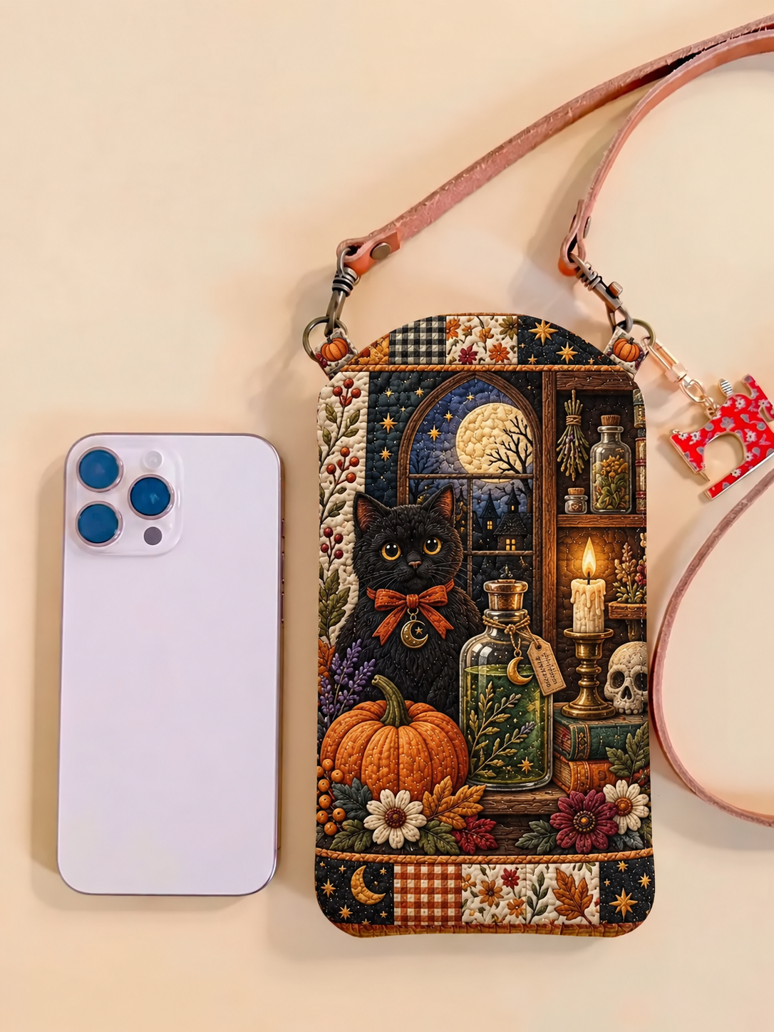 Slim Quilted Phone Crossbody Bag – Black Cat Moonlight Patchwork – product image 1
