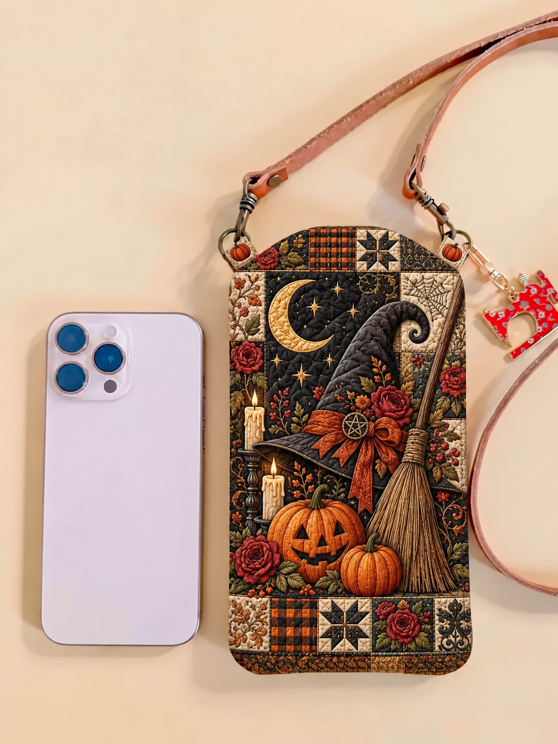 Slim Quilted Phone Crossbody Bag – Witch’s Broom in a Pumpkin Patch – product image 1