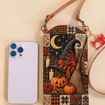 Slim Quilted Phone Crossbody Bag – Witch’s Broom in a Pumpkin Patch – product image 1