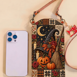 Slim Quilted Phone Crossbody Bag – Witch’s Broom in a Pumpkin Patch – product image 1
