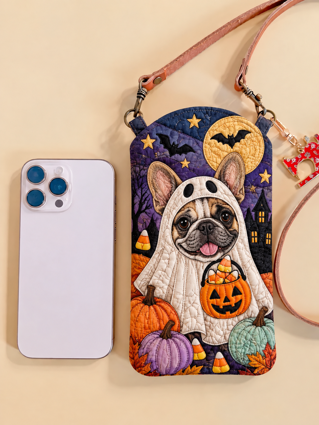 Slim Quilted Phone Crossbody Bag – Pug in a Ghost Costume for Halloween – product image 1
