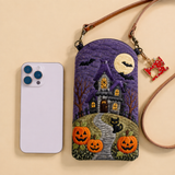 Slim Quilted Phone Crossbody Bag – Haunted House on a Pumpkin Path – product image 1