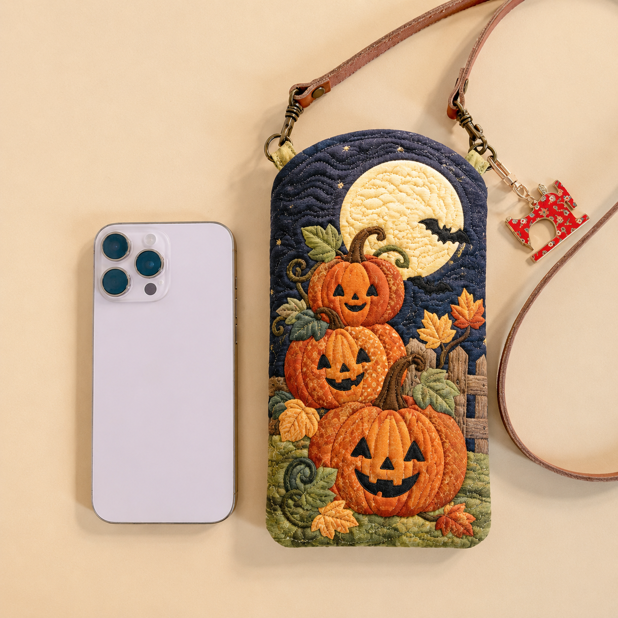 Slim Quilted Phone Crossbody Bag – Jack-o’-Lanterns in the Moonlight – product image 1