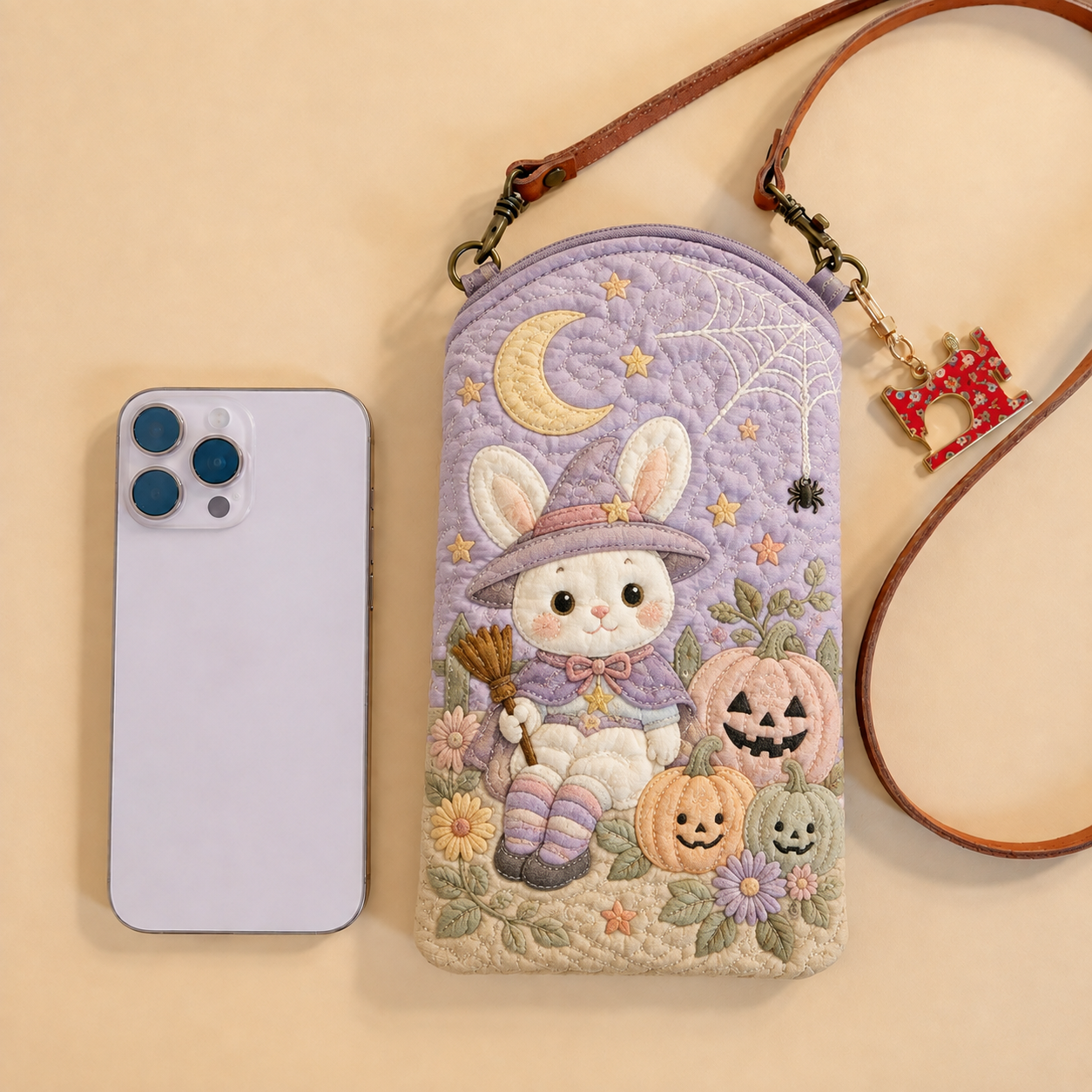 Slim Quilted Phone Crossbody Bag – Pastel Witch Bunny – product image 1