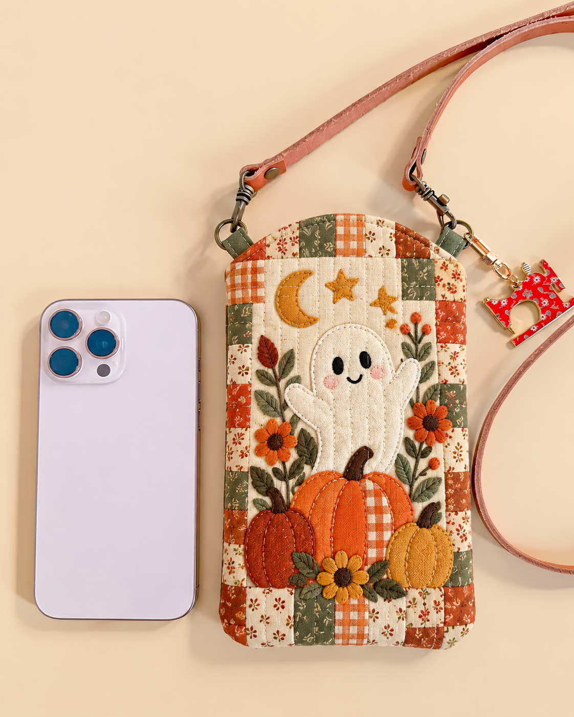 Slim Quilted Phone Crossbody Bag – Cute Ghost in a Pumpkin Patch – product image 1