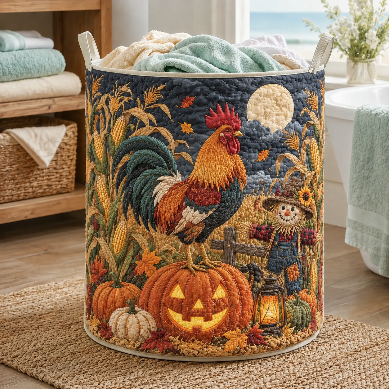 Quilted Laundry Basket – Rooster and Pumpkin Harvest – product image 1