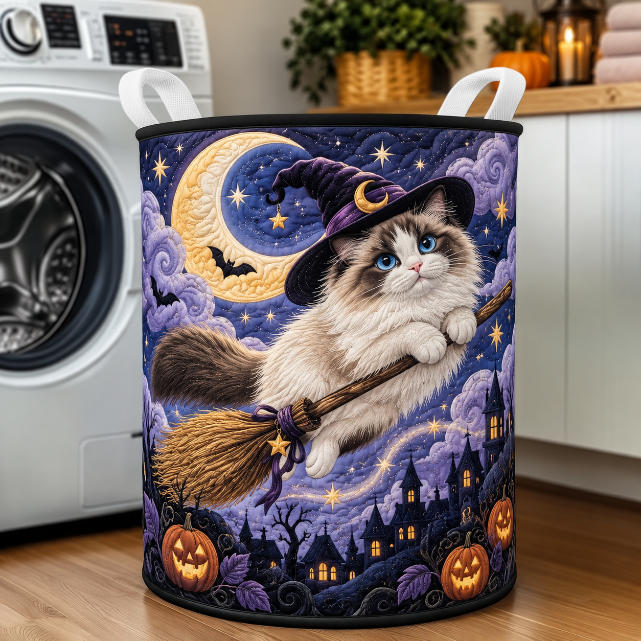Quilted Laundry Basket – Witch Cat in the Moonlight – product image 1