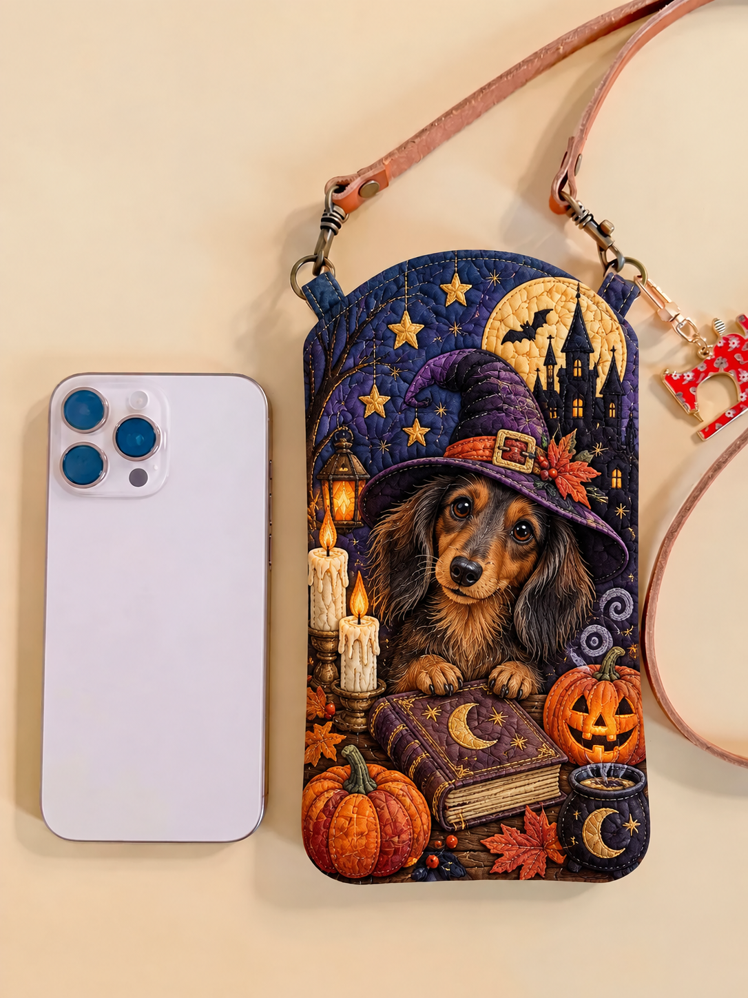 Slim Quilted Phone Crossbody Bag – Witch Dachshund with Pumpkins – product image 1