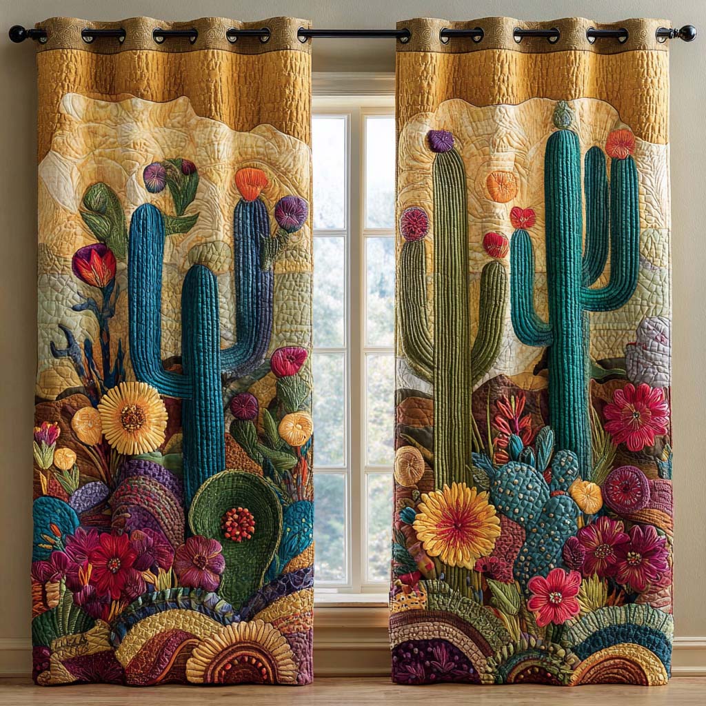 Quilted Curtains | Teal Blooming Cactus