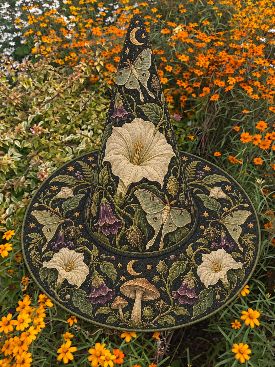 Quilted Witch Hat – Raven in a Lily Garden – product image 1