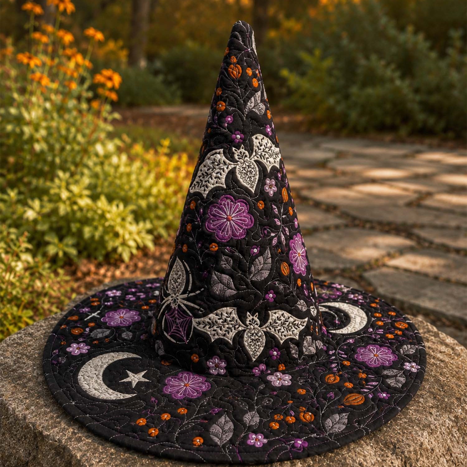 Quilted Witch Hat – Bats, Flowers and Halloween Moon – product image 1