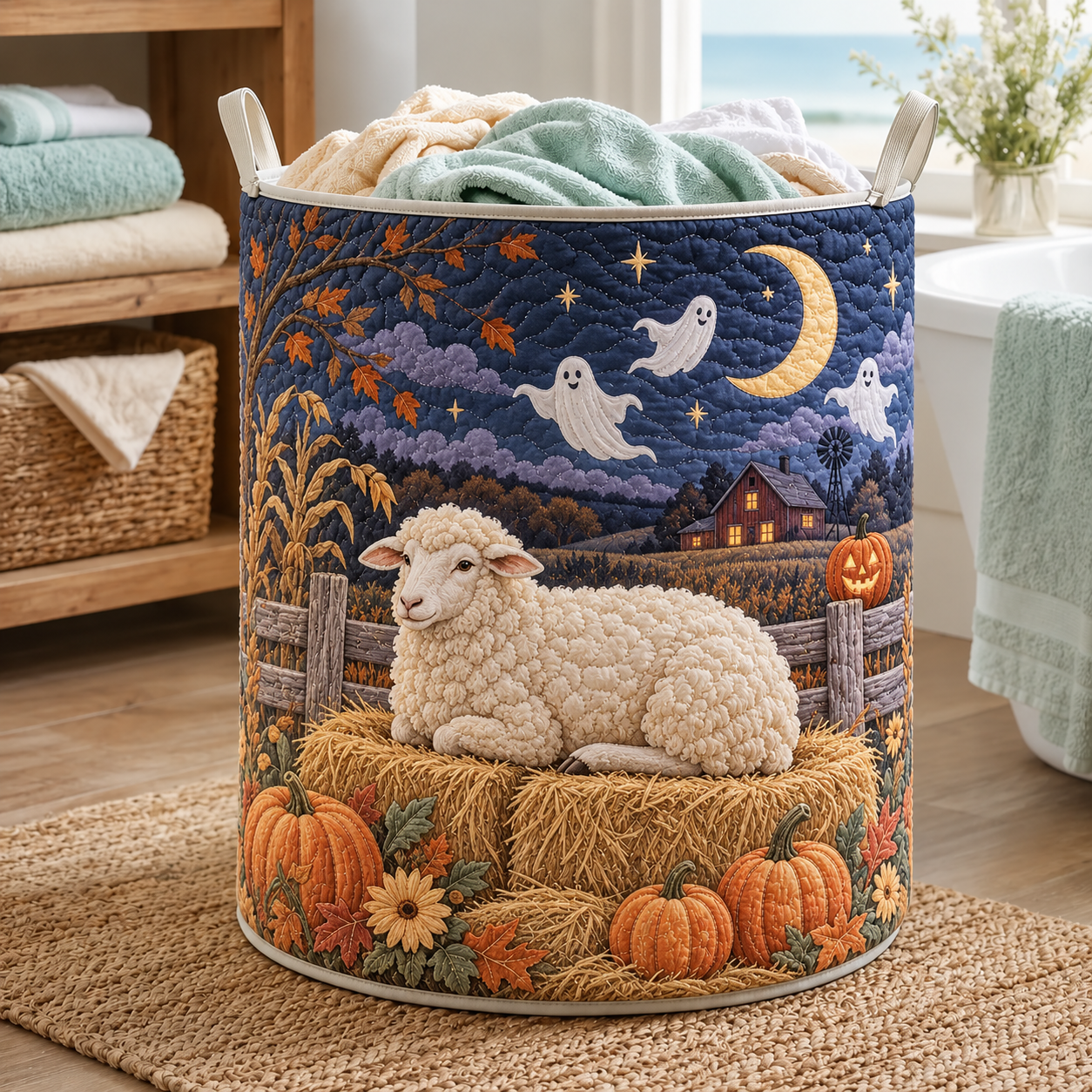 Quilted Laundry Basket – Sheep in a Ghost Costume on Pumpkin Night – product image 1