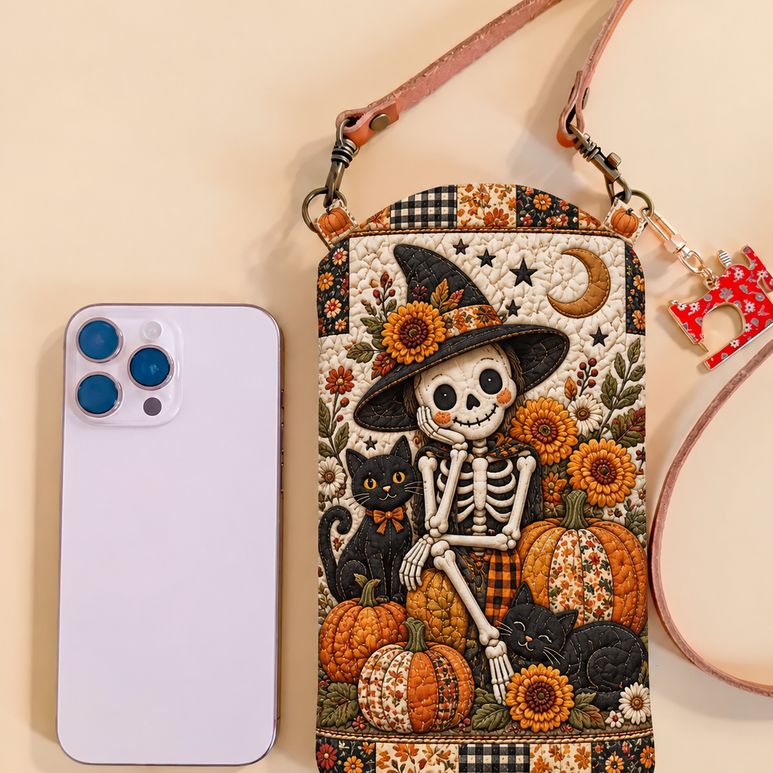 Slim Quilted Phone Crossbody Bag – Skeleton and Sunflowers for Halloween – product image 1