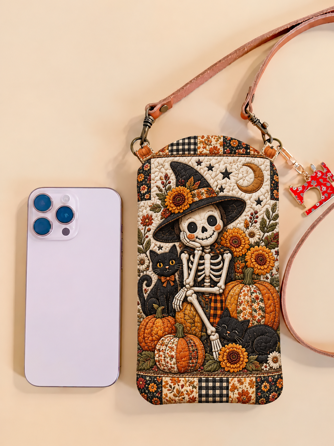 Slim Quilted Phone Crossbody Bag – Skeleton and Sunflowers for Halloween – product image 1