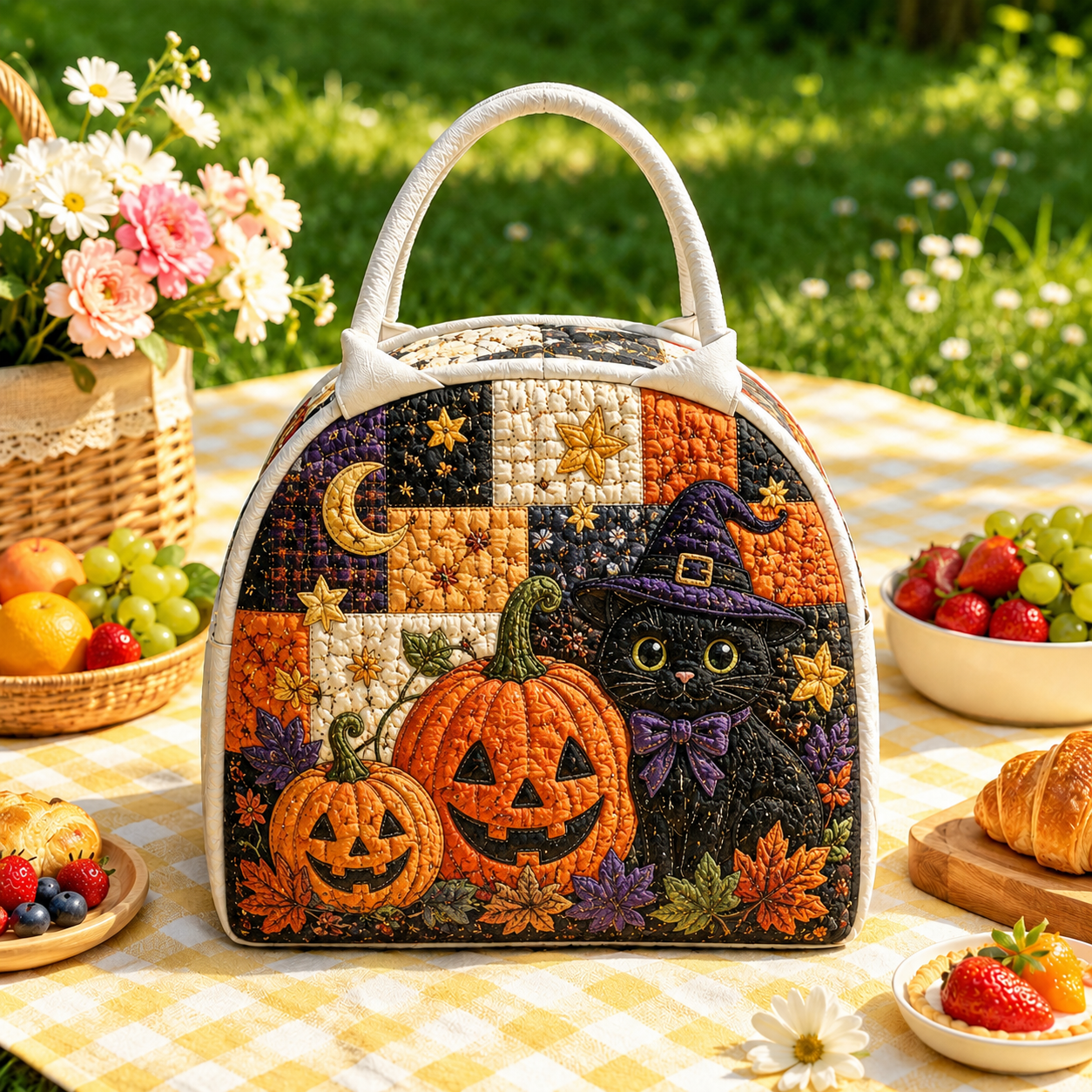 Quilted Lunch Bag – Black Cat and Jack-o’-Lantern – product image 1