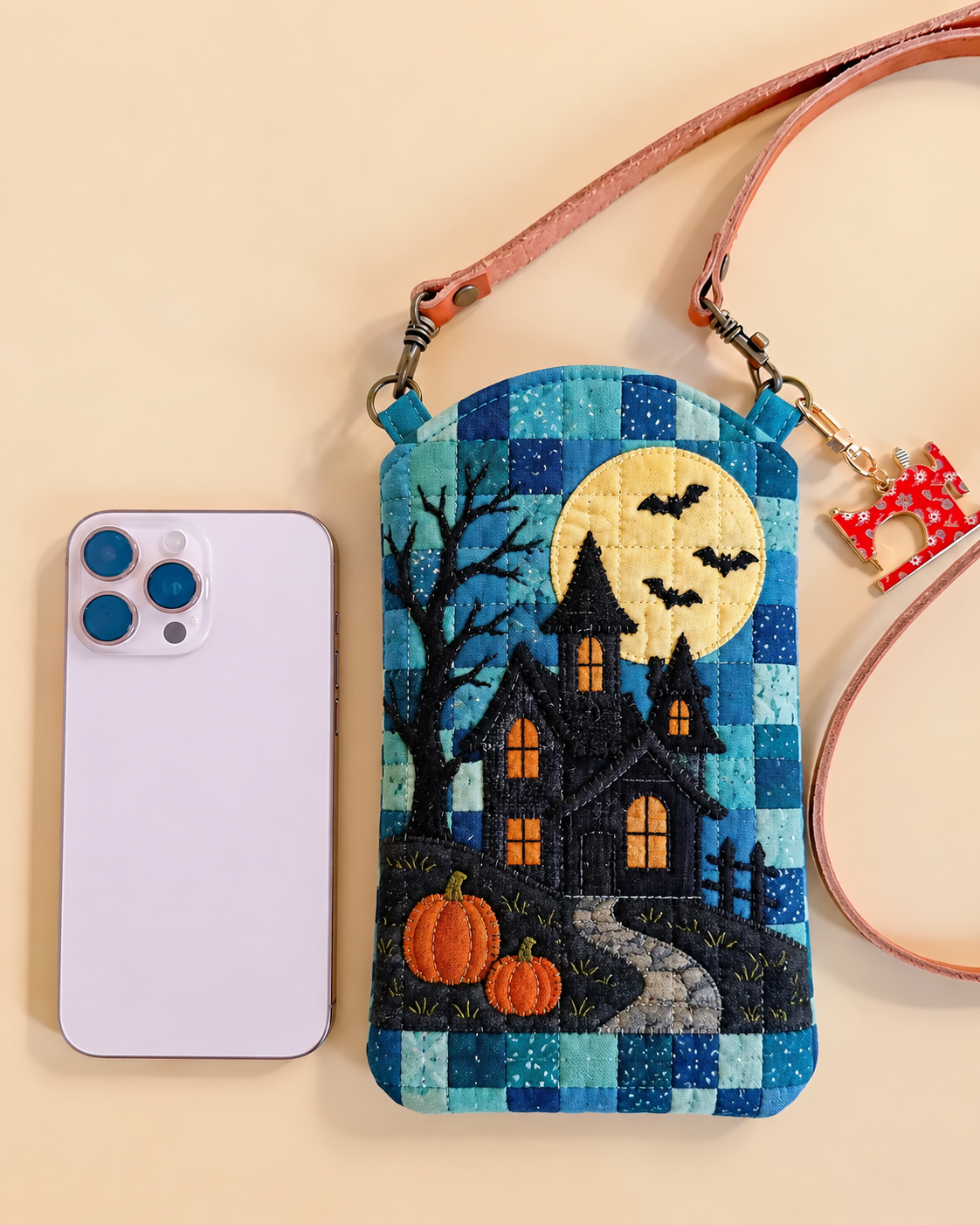 Slim Quilted Phone Crossbody Bag – Haunted House under the Full Moon – product image 1