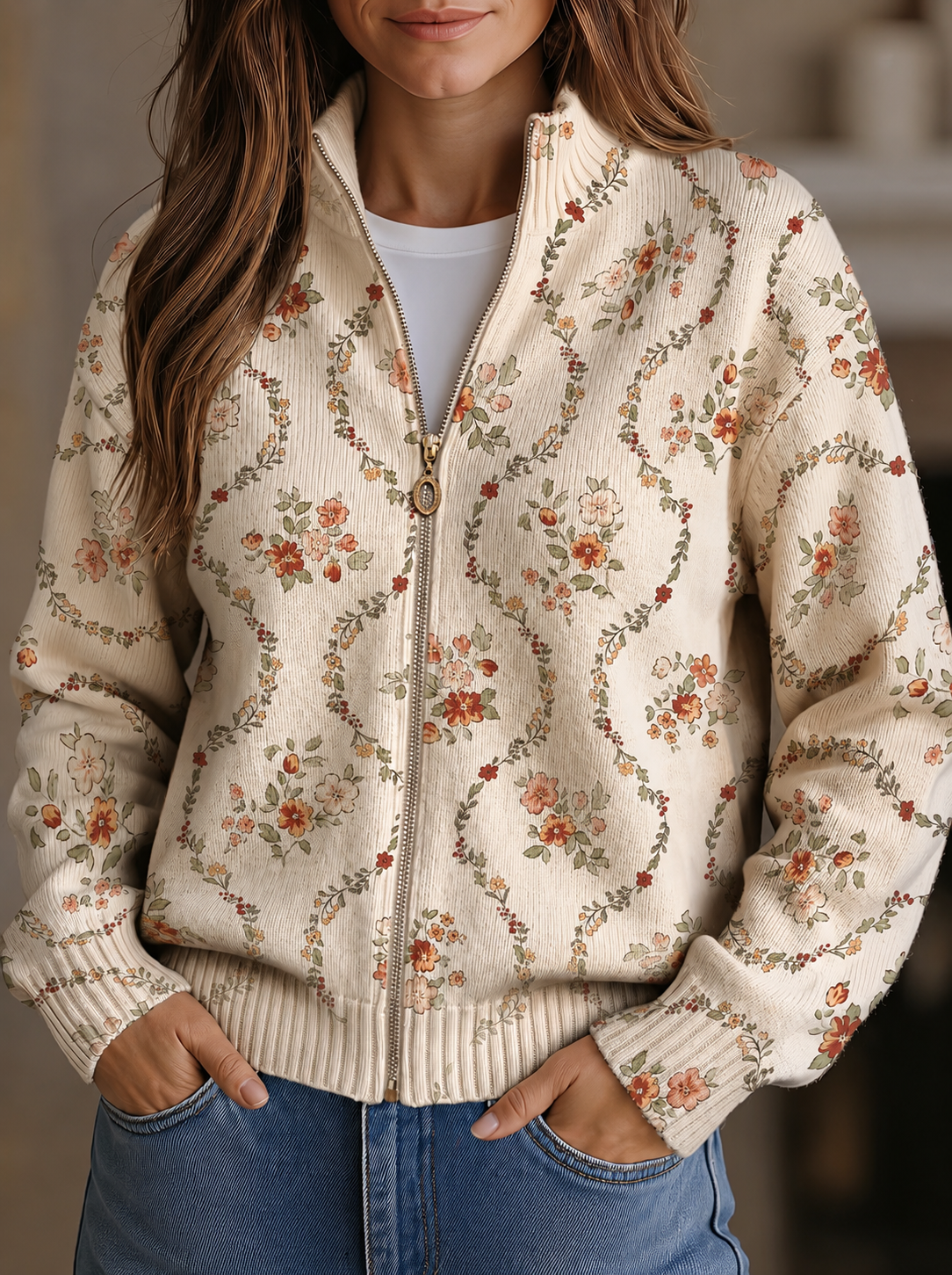 Zip Cardigan with Floral Vines – product image 1