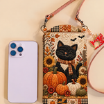 Slim Quilted Phone Crossbody Bag – Black Cat in a Pumpkin Garden – product image 1