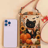 Slim Quilted Phone Crossbody Bag – Black Cat in a Pumpkin Garden – product image 1