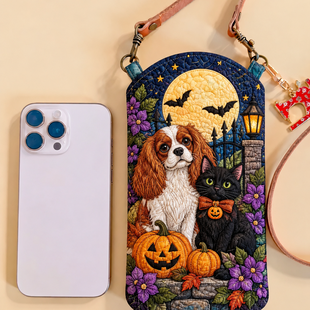 Slim Quilted Phone Crossbody Bag – Cavalier and Black Cat for Halloween – product image 1