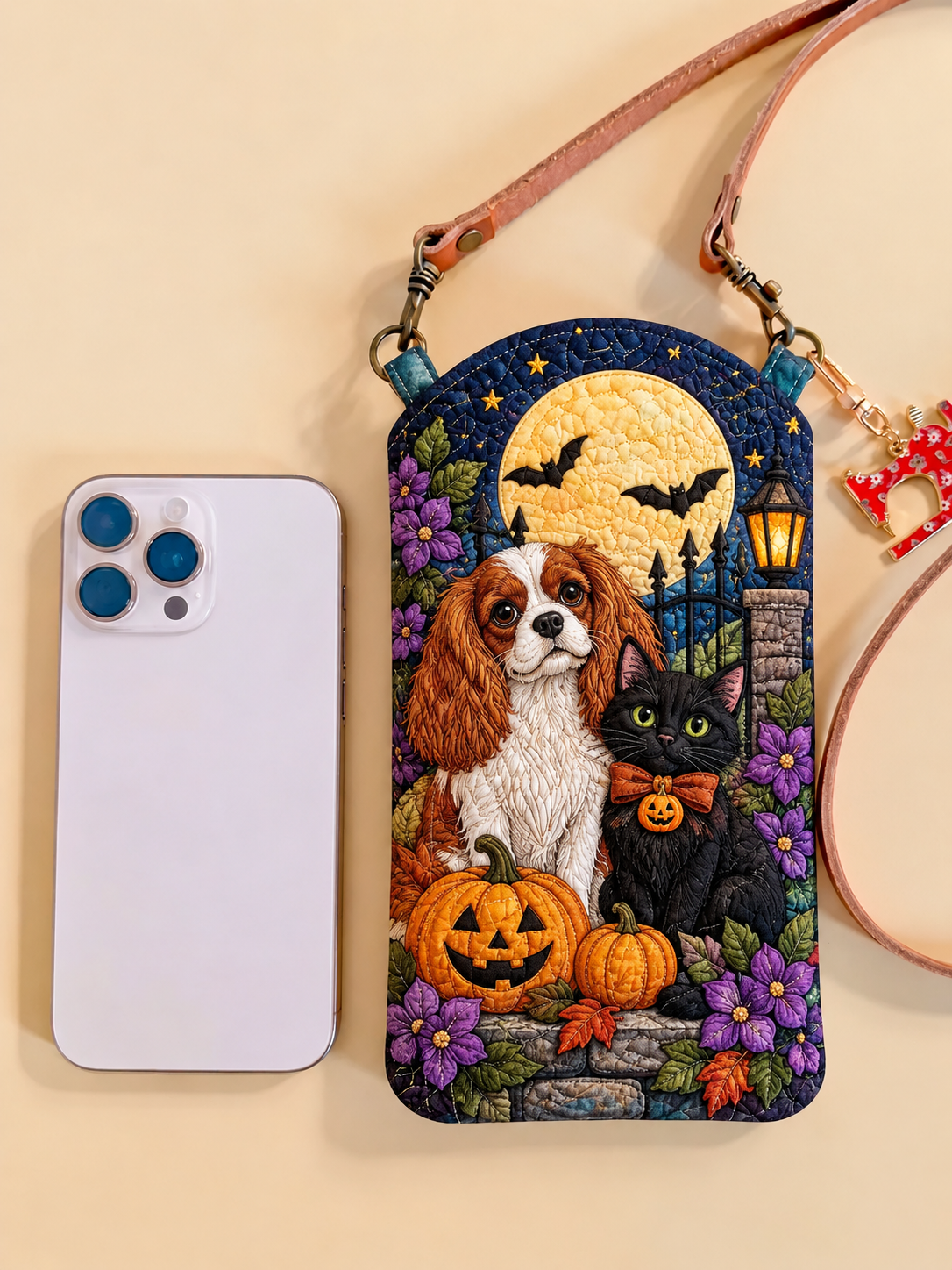 Slim Quilted Phone Crossbody Bag – Cavalier and Black Cat for Halloween – product image 1