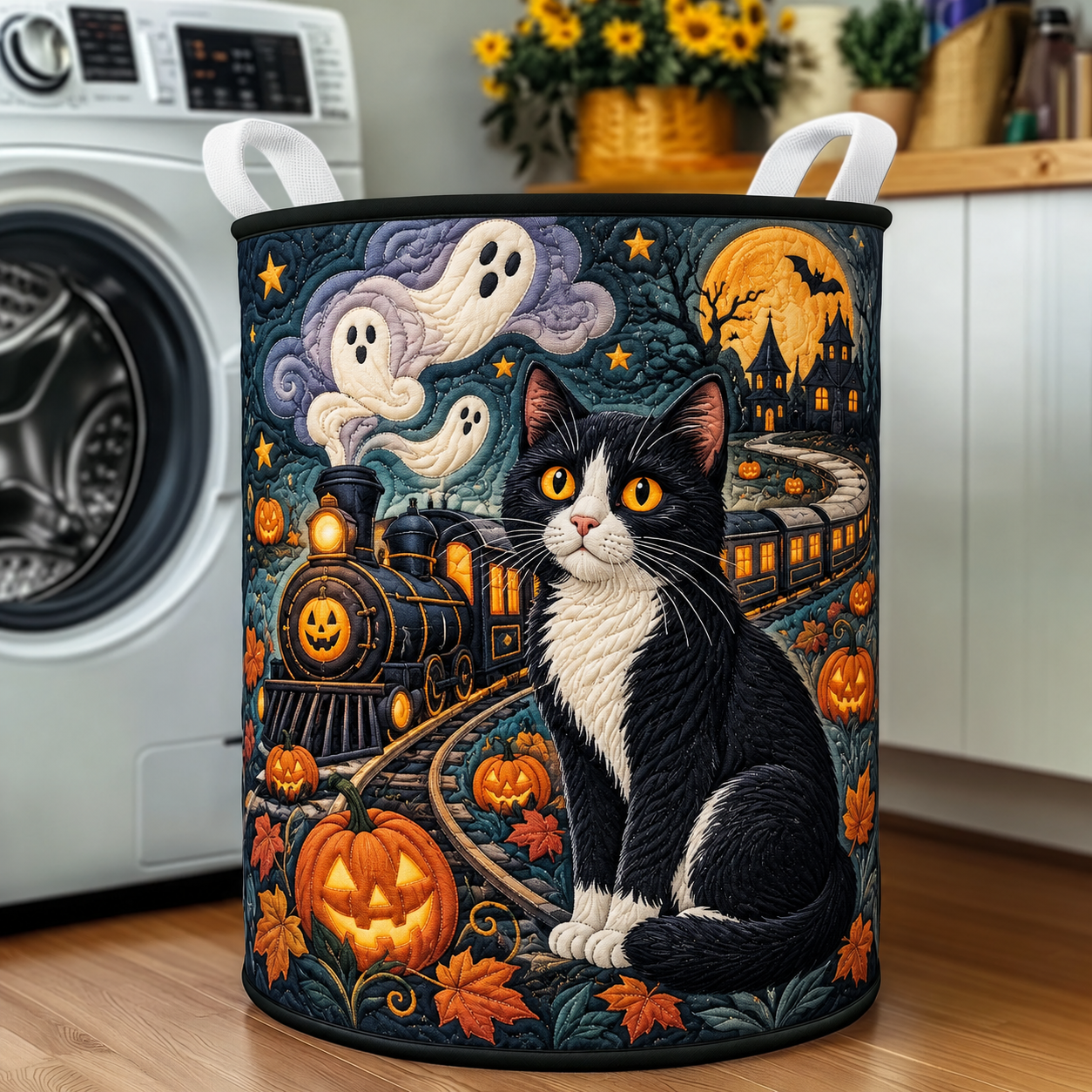 Quilted Laundry Basket – Black Cat on a Ghost Train – product image 1