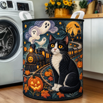Quilted Laundry Basket – Black Cat on a Ghost Train – product image 1